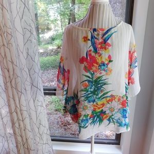 Tropical floral sheer scarf poncho top, large